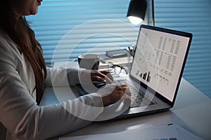 Young Asian women working late at night in dark room, using laptop.