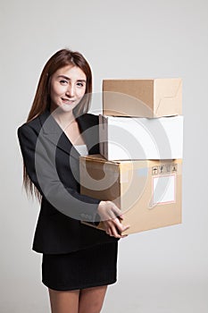 Young Asian working woman with 3 shipping boxes