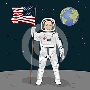 Young astronaut standing on the moon holding usa flag on the backround of earth