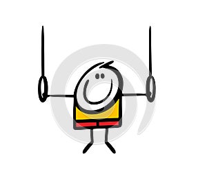 Young athlete is doing a gymnastic exercise, hanging on rings. Vector illustration of sports training with equipment.