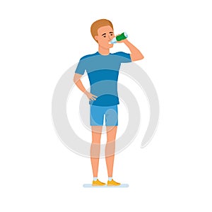 Young athlete goes in for sports, rests, drinks water, relaxes.