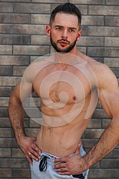 Young athlete posing with a torso for photography on a brick wall background. Bodybuilder, athlete with pumped muscles