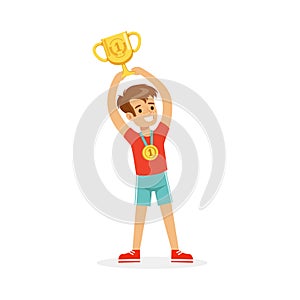 Young athletes boy holding winner cup, kid celebrating his victory cartoon vector Illustration