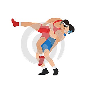 Young athletes wrestlers in the fight, duel, fight. Figures of strong men. Greco Roman, freestyle, classical wrestling