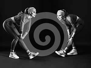 Young athletic fitness woman. Two black and white photo portraits in one image
