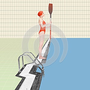 Young athletic girl, swimmer in red swimsuit standing near pool with paddle, ready to swim into pool. Contemporary art