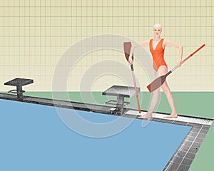 Young athletic girl, swimmer in red swimsuit walking to pool with two paddle, ready to swim. Contemporary art collage.