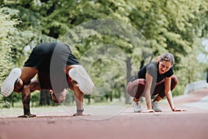 Young athletic people performing handstands in a city park, showcasing strength and balance outdoors