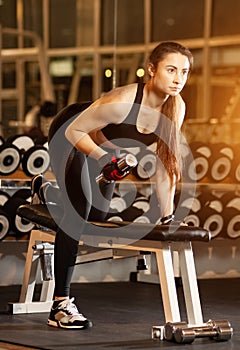 Young athletic woman doing exercises with dumbbells