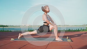 Young Athletic Woman Doing Yoga on a Lake Background. Beautiful Girl Is Exercising Outdoors. Stretching Exercises and Flexibility