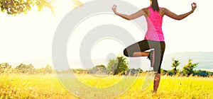 Young athletic woman practicing yoga on a meadow at sunset