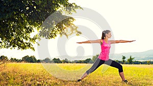 Young athletic woman practicing yoga on a meadow at sunset