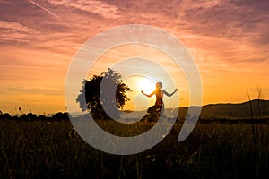 Young athletic woman practicing yoga on a meadow at sunset