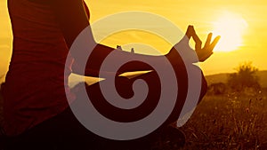 Young athletic woman practicing yoga on a meadow at sunset