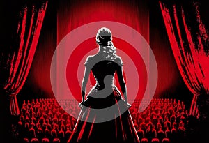 An young attractive actress in long dress standing on a theatre stage. Back view. Red and black illustration. Created with