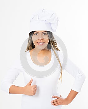 Young attractive african american woman in cooking hat with big thumb up isolated on white background. Copy space and mock up.