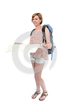 Young attractive American tourist woman with red hair holding city map carrying backpack smiling happy