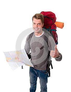Young attractive backpacker tourist looking map carrying big backpack giving thumb up