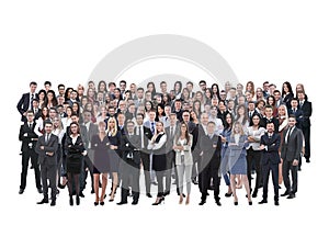 Business team formed of young businessmen and businesswomen standing over a white background