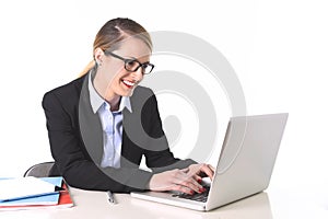 Young attractive businesswoman working happy smiling in success at work concept