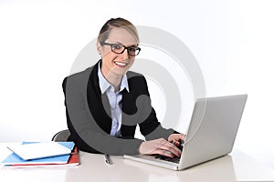 Young attractive businesswoman working happy smiling in success at work concept