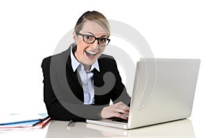 Young attractive businesswoman working happy smiling in success at work concept