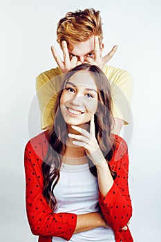 Young attractive couple together having fun happy smiling isolated on white background, emotional posing, lifestyle