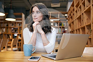 Young attractive elegant woman girl in casual clothes sitting at a table in a cafe with a laptop