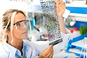 Young attractive female scientist examining DNA autoradiogram re