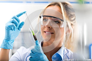 Young attractive female scientist examining test tube with a plant in the laboratory