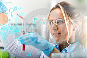Young attractive female scientist researching in the laboratory photo