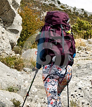 Young attractive girl hiking on rocky mountin.