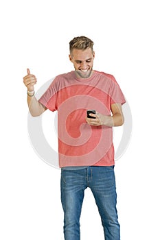 Young attractive guy working with his mobile phone