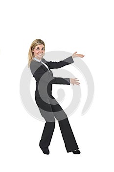 Young attractive happy business woman posing confident smiling excited presenting product