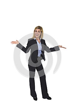 Young attractive and happy business woman posing confident smiling excited presenting product