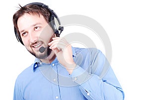 Young attractive man is speaking on microphone