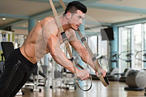 Young Attractive Man Training With Trx Fitness Straps