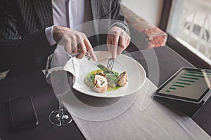 A young and attractive man uses his tablet while eating turkey fillet roll and pea puree in an indoor restaurant