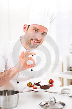 Young attractive professional chef cooking in his kitchen