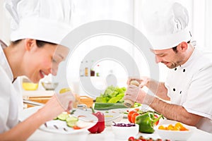 Young attractive professional chef cooking in his kitchen