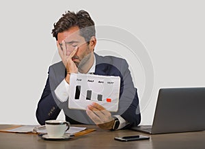 Young attractive sad and depressed businessman working in stress at office computer desk showing sales benefit drop graph feeling