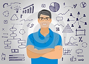 Young attractive smiling man with glasses against the background of the graphic elements