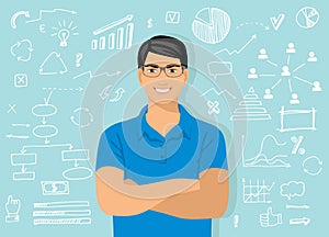 Young attractive smiling man with glasses against the background of the graphic elements, symbols, circle, scribbling, select the photo
