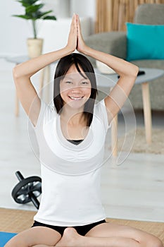 young attractive sporty yogi woman at home