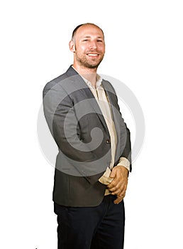 Young attractive and successful businessman smiling happy and confident isolated white background dressed smart casual clothes in