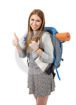 Young attractive tourist woman smiling happy carrying backpack and city map on holidays tourism concept