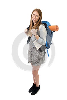 Young attractive tourist woman smiling happy carrying backpack and city map on holidays tourism concept