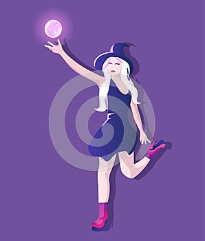 Young and attractive witch with hat and high heels holding a magic glowing globe fly. Woman with long blonde hair and short dress