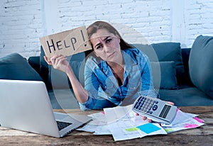 Young attractive woman asking for help paying bills and calculating finances felling stressed