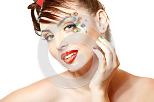 Young attractive woman with beautiful art cube abstract make-up